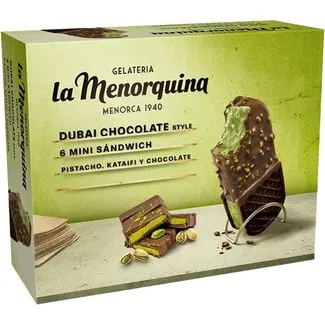 Helado mini sándwich estilo Dubai con pistacho, kataifi y chocolate 6 unidades MENORQUINA