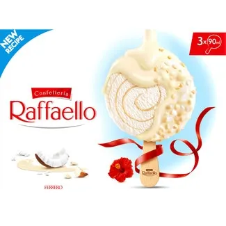 Ferrero raffaello bombon helado recubierto de coco y trozos de avellana 3 unidades estuche 270 ml